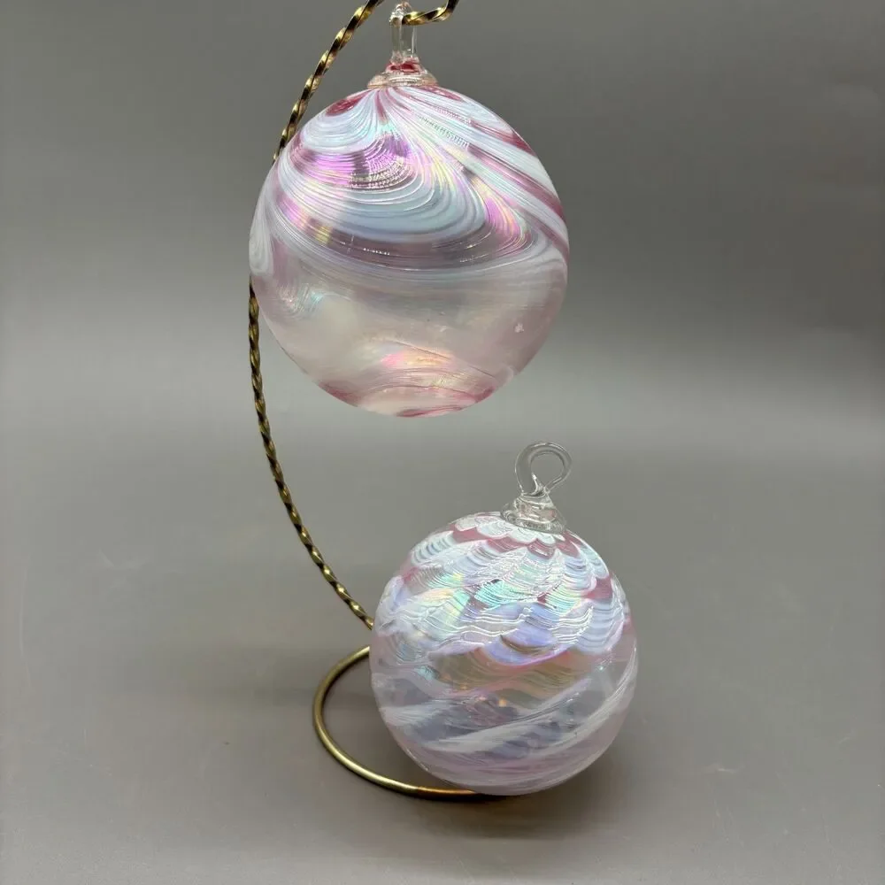 Vintage Hand Blown Art Glass Christmas Ornaments Pink Iridescent Swirl Balls (2)